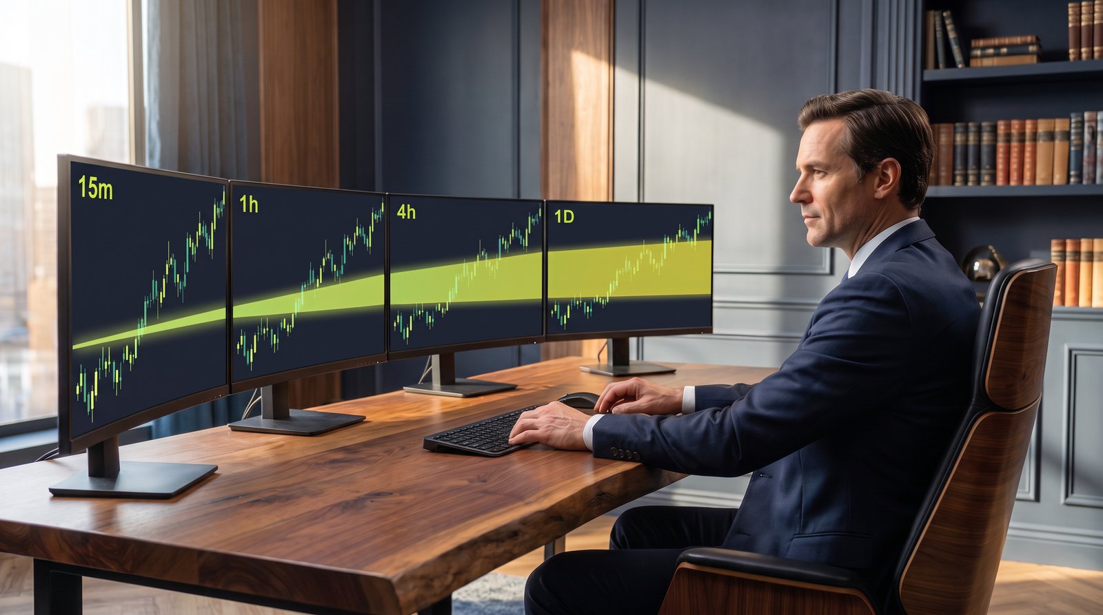 A trader at a wooden desk studying four monitors showing the same market on the 15-minute, 1-hour, 4-hour and daily charts, the highlighted fair value gap widening on each higher timeframe