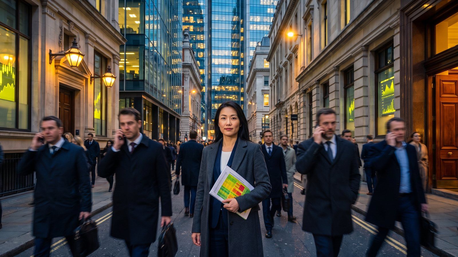 A woman stands calm and still in a busy City of London street at dusk, holding a printed heat-mapped table, while bankers on their phones hurry past on both sides