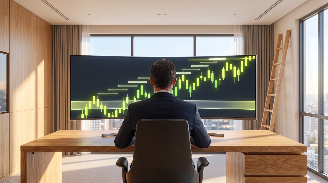 A trader in a bright, daylit office studies a curved monitor where lime-green ladder rungs step up from a glowing zone band to a target line, with an oak ladder beside the desk