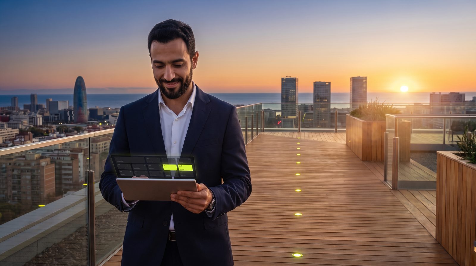 A man on a Barcelona rooftop at sunrise reading a market screener on a tablet, two tiles lit in lime, with a line of lime lights along the wooden boardwalk leading toward the sea