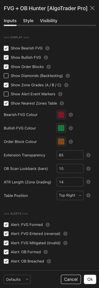 FVG + OB Hunter settings panel showing all inputs with tooltip icons