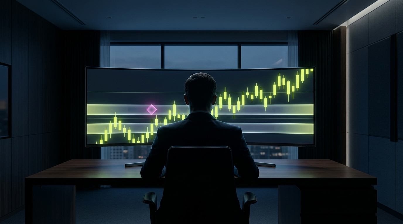 A glowing coin ascending along a rising lime-green candlestick uptrend with translucent order-block zone bands — a data-driven fair value gap study